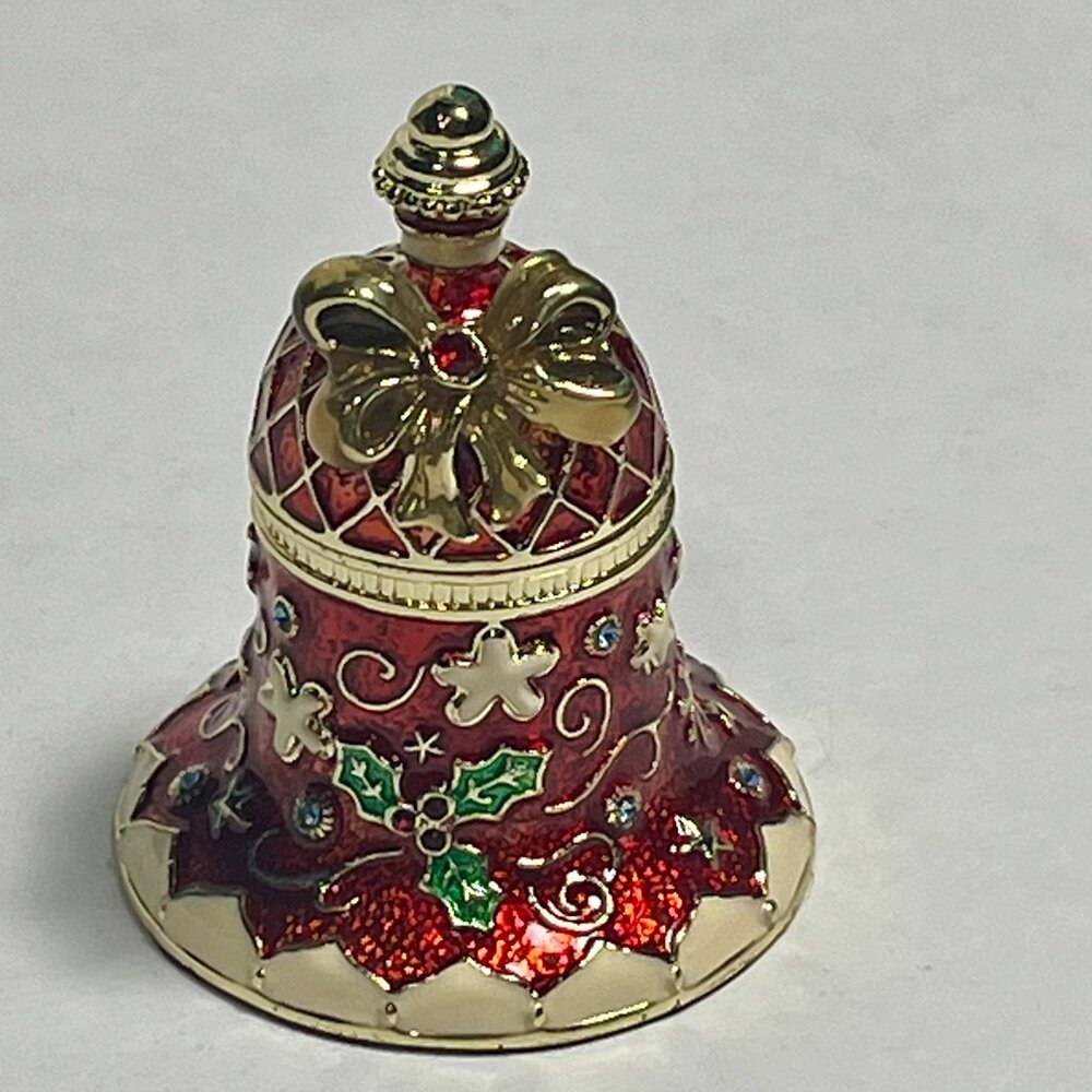 Red and Gold Jingle Bell Jeweled Enamel Trinket Box Hinged Magnetic Collectible